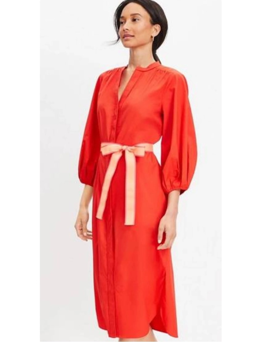 Loft Red Orange Cotton Poplin Button Front Tie Waist Midi Dress Sz M
